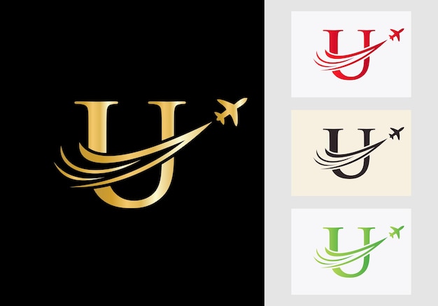 Letter u travel logo concept with flying air plane symbol