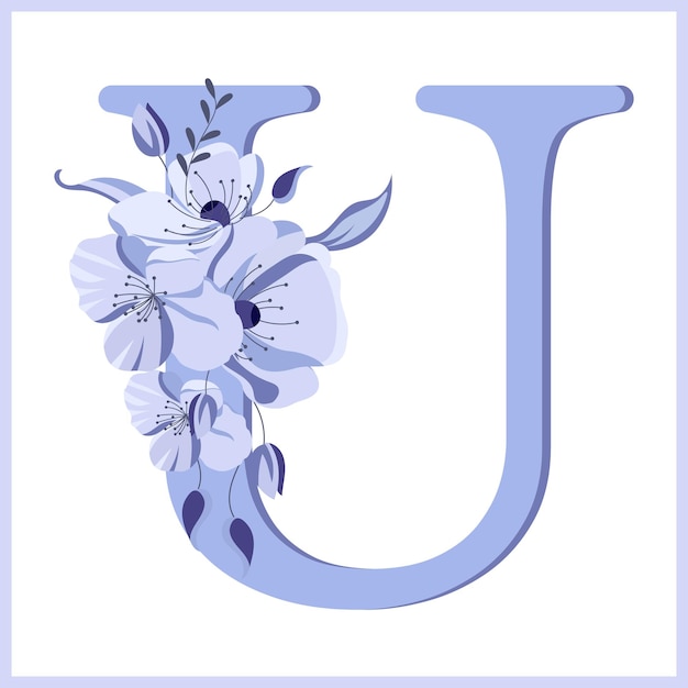 Letter U versierd met bloemen en bladeren delicate lila kleuren Illustratie icon