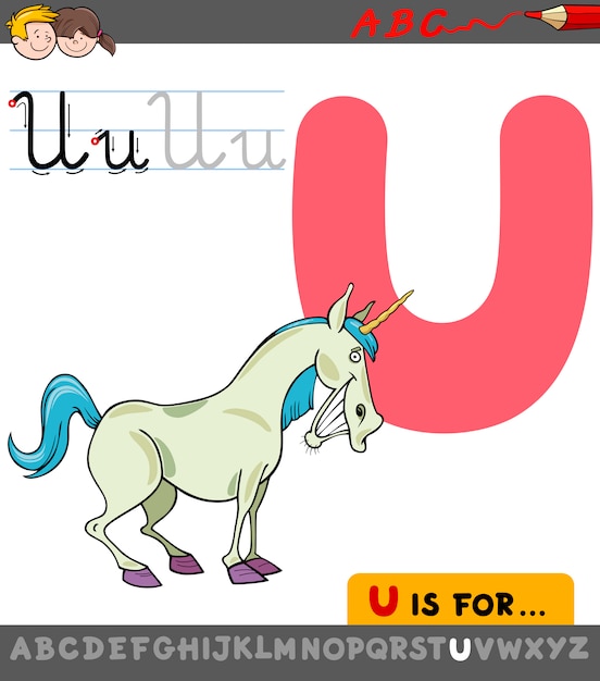 Letter u with cartoon unicorn