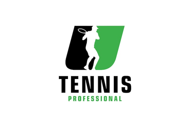 テニス プレーヤーのシルエットと文字 u スポーツ チームのロゴ デザイン ベクトル デザイン テンプレート要素
