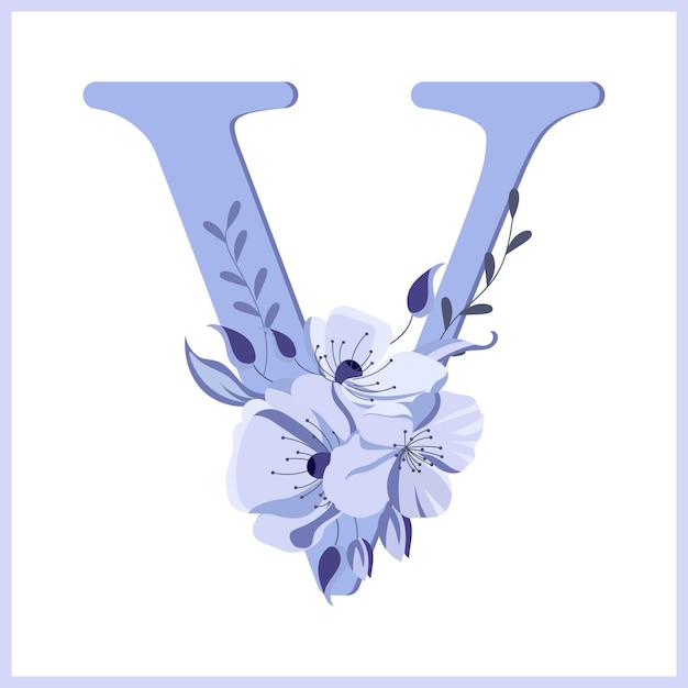 Vector letter v decorated with flowers and leaves delicate lilac colors illustration icon