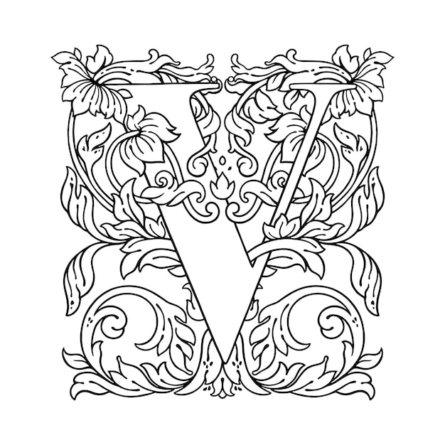 Vettore lettera v ornamento floreale alfabeto monogramma splendido logo vettoriale con lettere maiuscole floreali