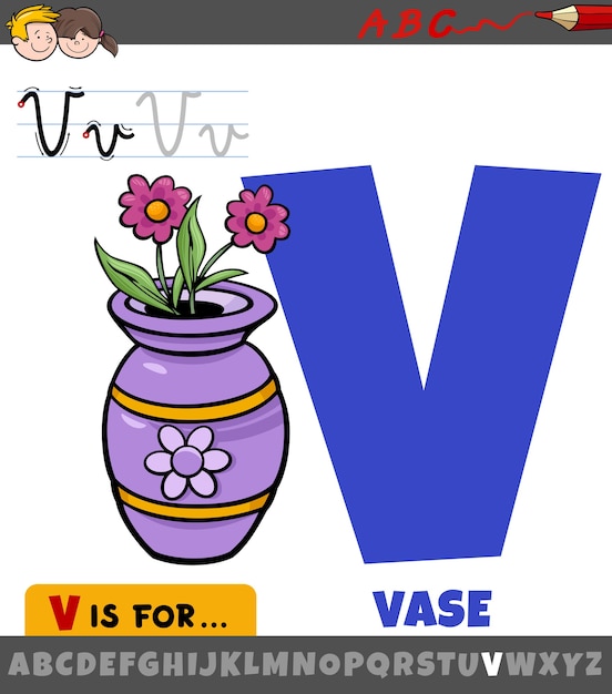 Letter v from alphabet with cartoon vase object