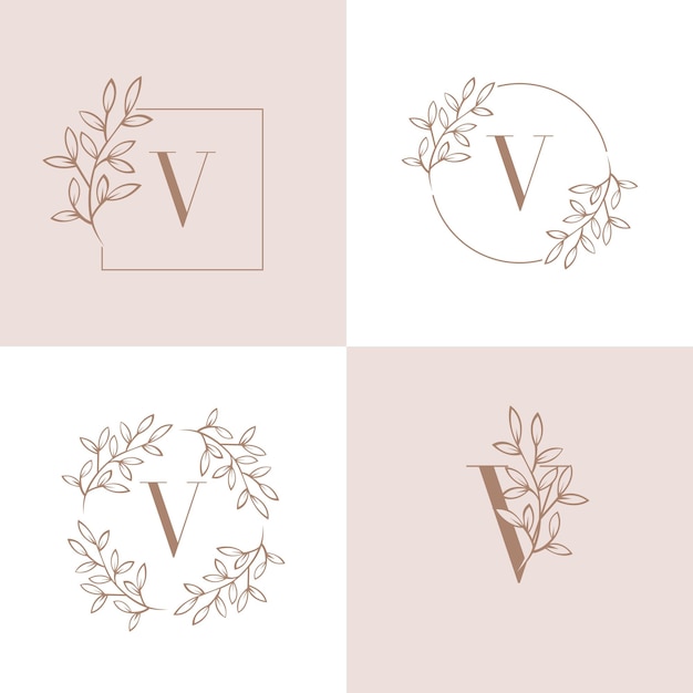 蘭の葉の要素を持つ文字Vロゴデザイン