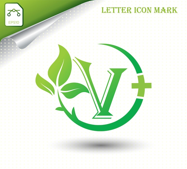 Letter v met groen blad vector sjabloon