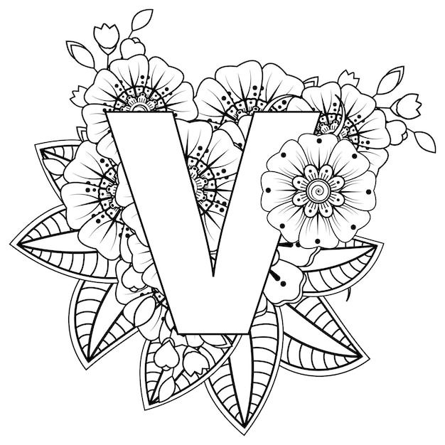 Letter V met Mehndi bloem decoratief ornament in etnische oosterse stijl kleurboekpagina