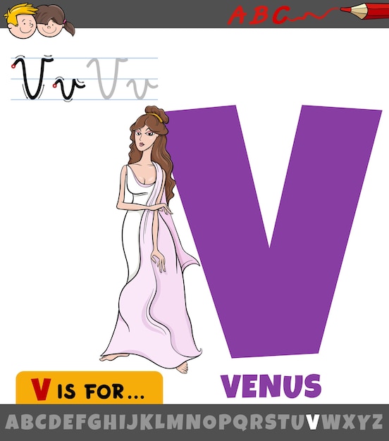 Letter V van alfabet met cartoon Venus Romeinse godin