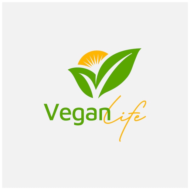 Letter V Vegan Vegetable Vegetarian Veggie, Check Mark Tips Logo design with Natural Plant Leaf Sun