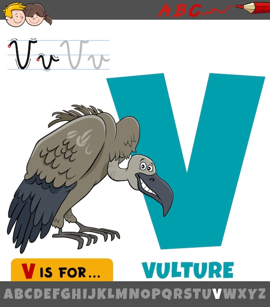 letter V werkblad met cartoon gier vogel dier