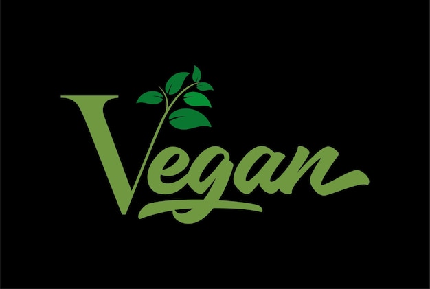 Буква V с листьями и шрифтом Vegan Text Type Word для логотипа Health Diet Food Product