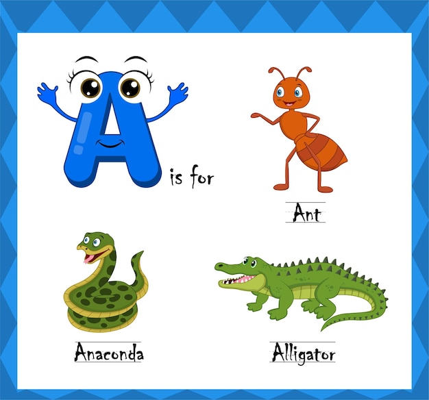 Letter a vector, alphabet a for ant, alligator, anaconda animals, english alphabets learn concept.