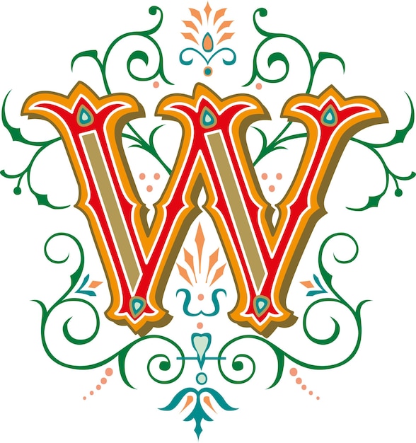 letter W Floral monogram. colorful Vintage ornament initial Alphabet spiral scroll style.