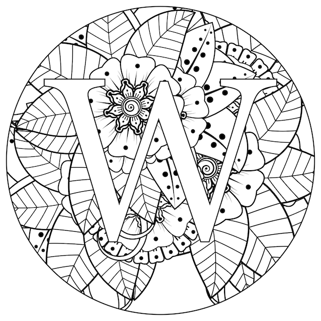 Letter W met Mehndi bloem decoratief ornament in etnische oosterse stijl kleurboekpagina