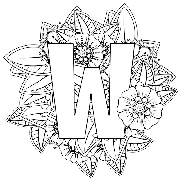 Letter W met Mehndi bloem decoratief ornament in etnische oosterse stijl kleurboekpagina