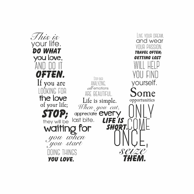 Vector letter w met verschillende positieve zinnen geïsoleerd op witte achtergrond zwart op wit