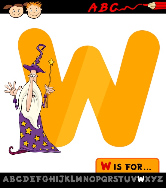 Letter w met wizard cartoon afbeelding