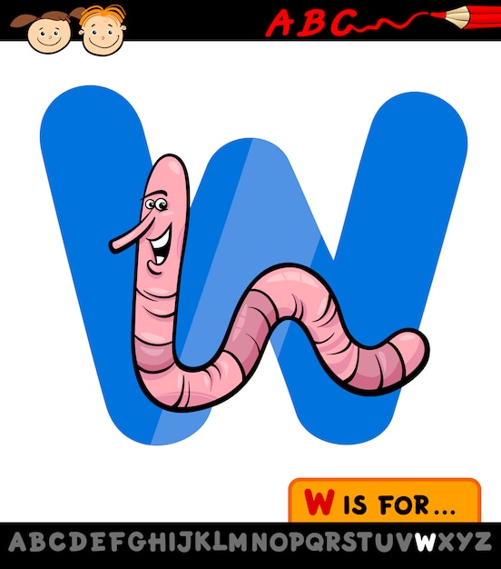 Vector letter w met worm cartoon illustratie