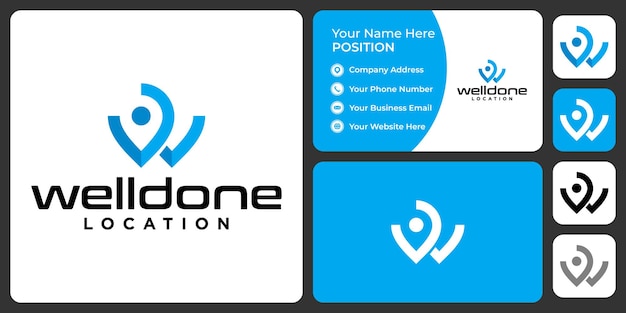 Дизайн логотипа местоположения монограммы буквы w с шаблоном визитной карточки