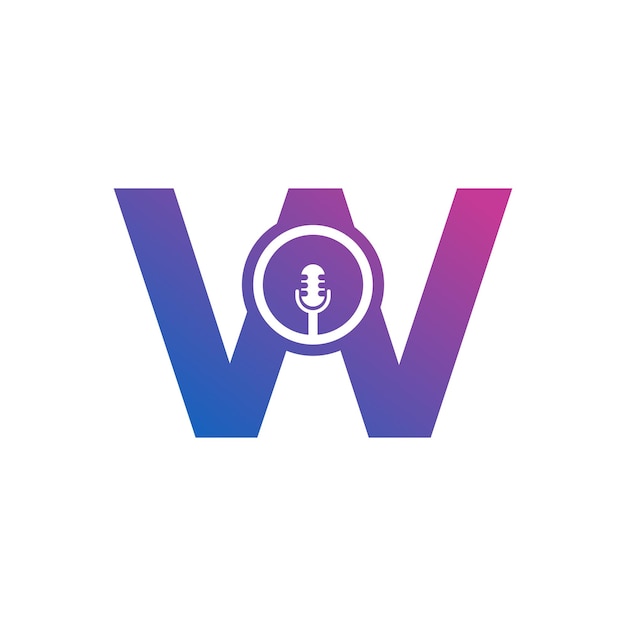 Alfabeto del logo della registrazione di podcast della lettera w con illustrazione vettoriale dell'icona del microfono