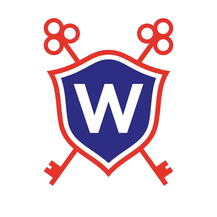 Vector letter w real estate logo design concept with crossed key sign key real estate logotype on shield
