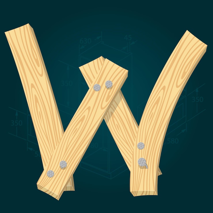 Vector letter w - stylized vector font made from wooden planks hammered with iron nails.