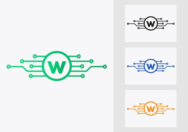 文字 W 技術ロゴ デザイン テンプレートです。サイバー保護サイン