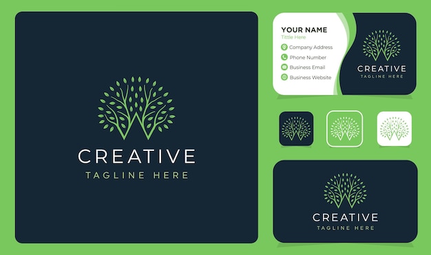 Letter W tree logo design vector with business card template