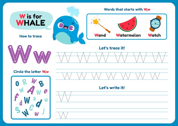 Vector letter w-werkblad met walvis en items