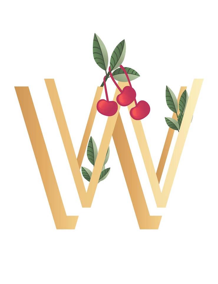 Vector w字母以梯度風格的色覆蓋綠色葉和紅色果環保字體平坦的向量插圖隔離在白色背景上