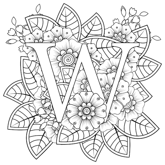 Letter W with Mehndi flower decorative ornament in ethnic oriental style coloring book page