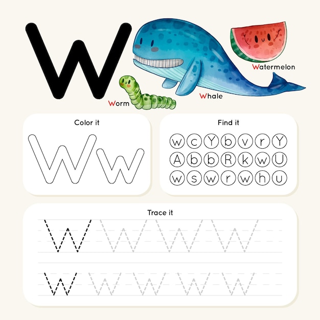 Letter w worksheet with animals