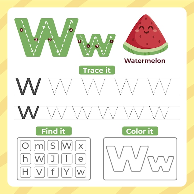 Vector letter w worksheet with watermelon