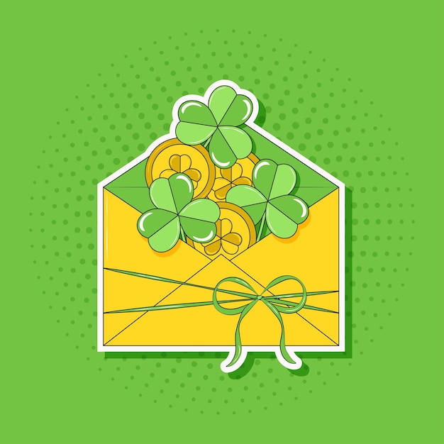 Letter with Clover and Gold Coins for Saint Patricks Day Good Luck Sticker Pop Art Groovy Funny