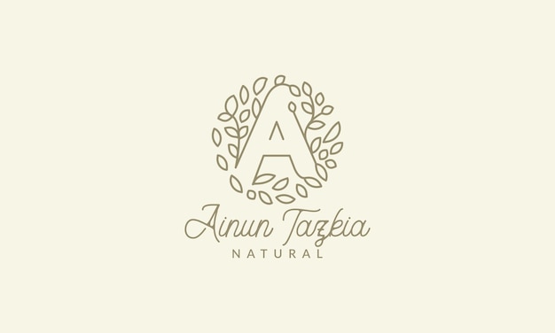 letter A with leaf plant ornament on circle luxury vintage logo vector icon illustration design