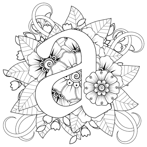 Раскраска буква А с цветочным орнаментом Менди в этническом восточном стиле