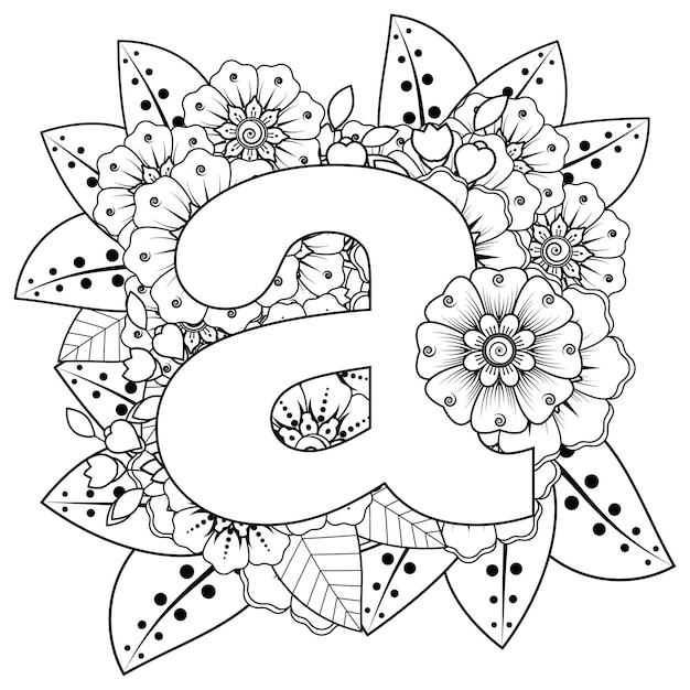 Letter A with Mehndi flower decorative ornament in ethnic oriental style coloring book page
