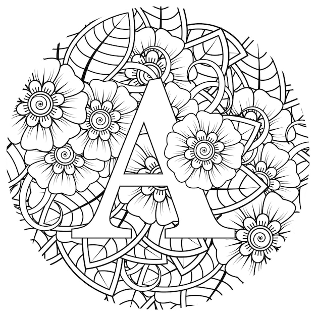 Letter A with Mehndi flower decorative ornament in ethnic oriental style coloring book page