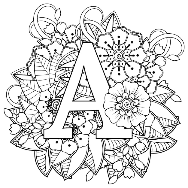 Letter A with Mehndi flower decorative ornament in ethnic oriental style coloring book page