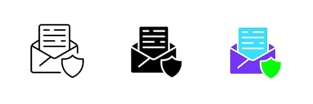 Письмо со щитом Секретная корреспонденция сообщение почта защита личных данных конфиденциальность личной информации Векторный набор иконок в черном и красочном стилях линии, выделенных на белом фоне