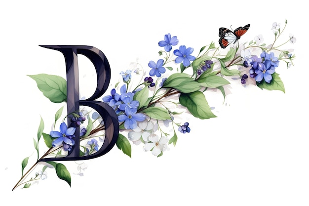 Vector letter with watercolor blue cornflowers and wildflowers qith green leaves bouquet