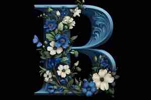 Vector letter with watercolor blue cornflowers and wildflowers qith green leaves bouquet