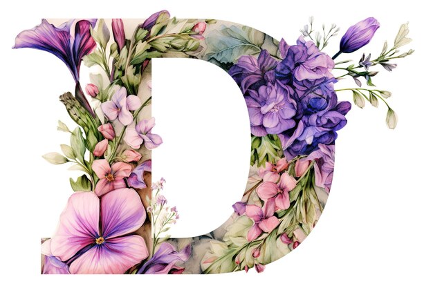 Vector letter with watercolor blue cornflowers and wildflowers qith green leaves bouquet