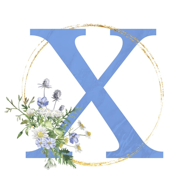 Letter X blue flower concept watercolor floral