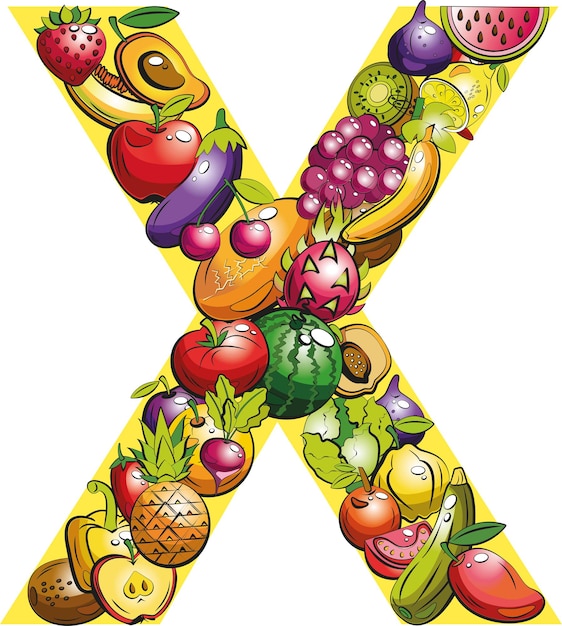 Letter x. fruit letters. collage of colored fruits and vegetables on the letter of the alphabet