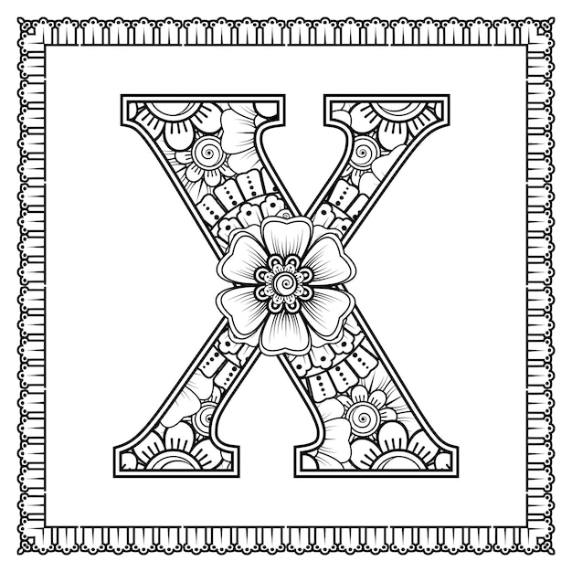 Letter X gemaakt van bloemen in mehndi stijl kleurboek pagina overzicht handdraw vectorillustratie