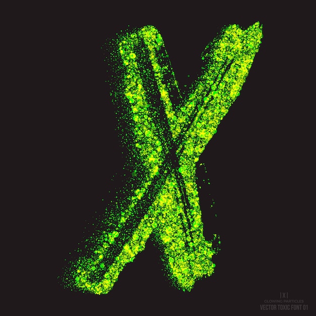 Vector letter x grunge giftig teksteffect. zure lettertype abstracte gloeiende helder groene kleur deeltjes geïsoleerd op zwarte achtergrond. radioactief afval. horror zombie apocalyps. ontwerpelement voor groene vlamsymbool