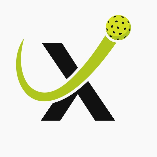 움직이는 Pickleball 기호 Pickle Ball 로고가 있는 Letter X Pickleball 로고 개념