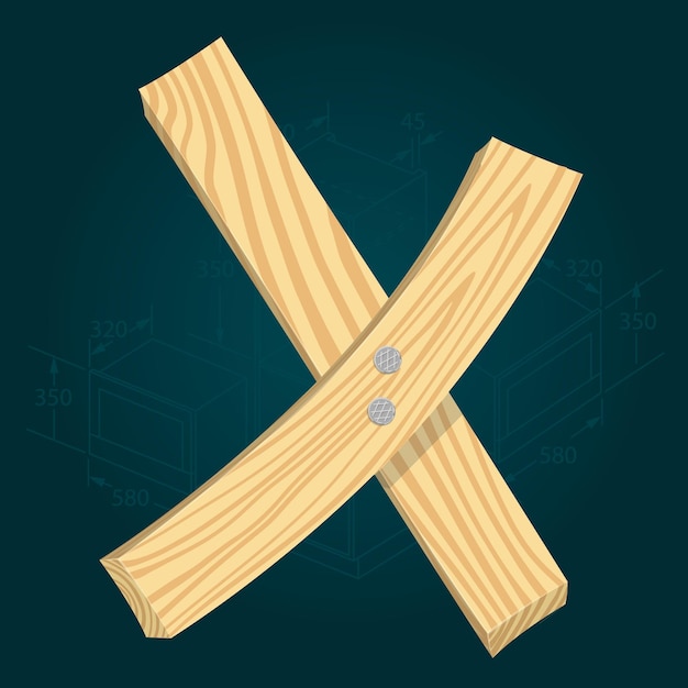 Letter X - stylized vector font made from wooden planks hammered with iron nails.