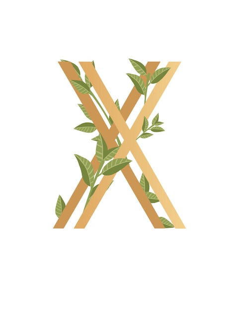 Letter X with gradient style beige color covered with green leaves eco font flat vector illustration isolated on white background