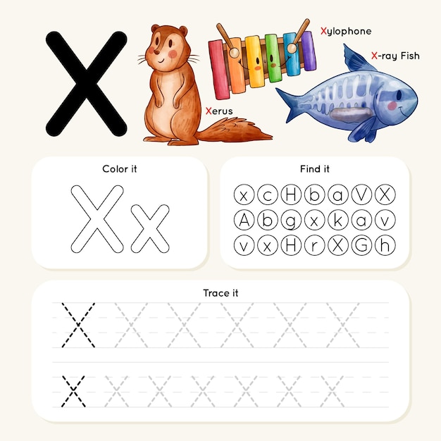 Vector letter x worksheet with animals and objects